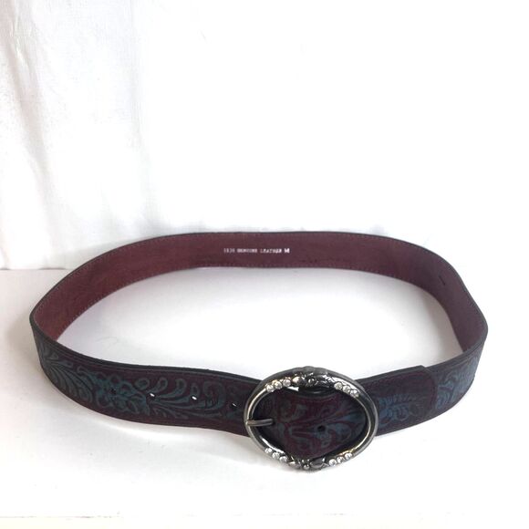 Genuine Leather Tooled Statement Belt Brown Metal Oval Buckle Jeweled Floral MD - Picture 1 of 6